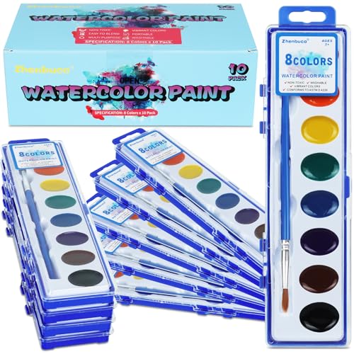 Watercolor Paint Set for Kids - Bulk Pack of 10, 8 Colors Washable Water Color Paints Sets with Paintbrush, Kids Watercolor Paint Set for Coloring, Art, Classrooms and Easter Paint Supplies - color: 8 Colors | 10 Pack