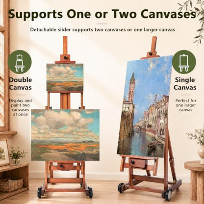 DJAR Large H-Frame Painting Easel for Adults, Solid Beech Wood, Walnut | Movable & Tilting Flat Floor Stand, Holds Canvases up to 78", Adjustable Heavy Duty Studio Art Easel for Artists - style: Walnut H-Frame Easel