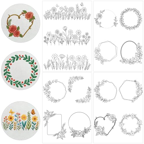 Water Soluble Stabilizer for Embroidery - CRASHOT 4 Sheets Stick and Stitch Embroider Paper Wash Away, Floral Round Heart Square Flower Frame Designs, Suprise for Hand Sewing Lover - style: Flowerframe1553