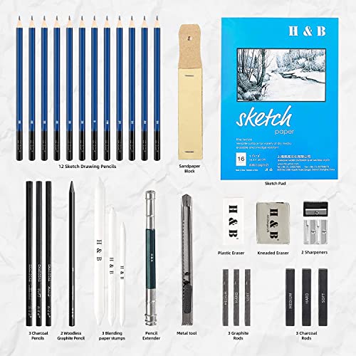 H & B 33 Pieces Drawing Pencils Set, Sketching Pencils Set & Drawing Kit, Includes Sketch Pad, Graphite Pencils, Charcoal Sticks and Eraser, Supplies for Artists/Beginner/Adults - size: 33 Piece Set