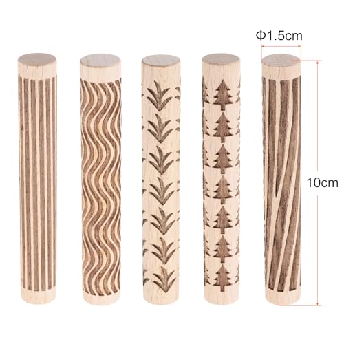 HARFINGTON 5pcs Wood Clay Roller 4"Grass Wood Pine Lines Grain Texture Pattern Rolling Pins Pottery Tools Rollers for Clay Baking Dough Playdough DIY - style: Grass + Pine Tree + Wood Grain + Straight Lines + Curves