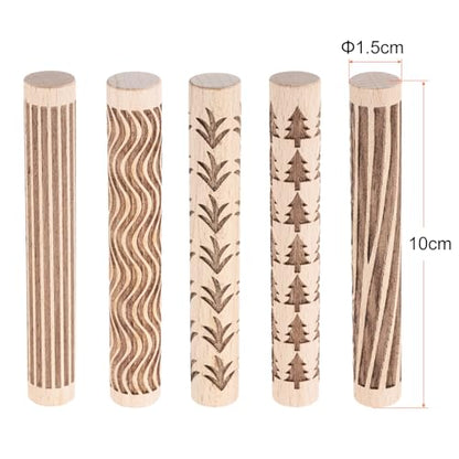 HARFINGTON 5pcs Wood Clay Roller 4"Grass Wood Pine Lines Grain Texture Pattern Rolling Pins Pottery Tools Rollers for Clay Baking Dough Playdough DIY - style: Grass + Pine Tree + Wood Grain + Straight Lines + Curves