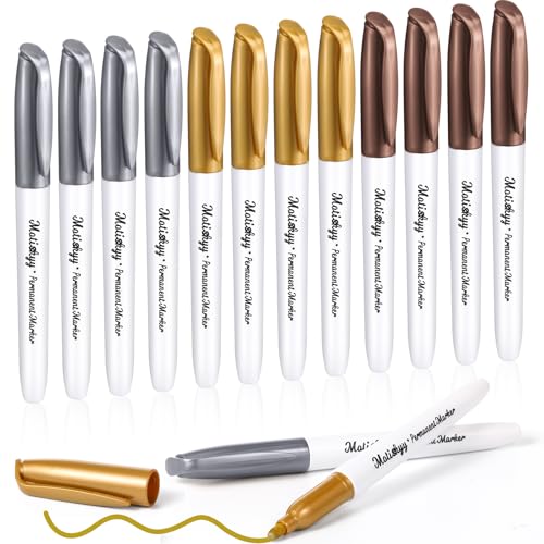 Motiskyy 12 Pcs Metallic Permanent Markers Fine Point, Gold Silver Copper | Paint Pens for DIY Crafts, Gift Card Making, Artist Illustration, Scrapbook Projects, Metallic Finish, Quick-drying Ink - color: Gold Silver Copper