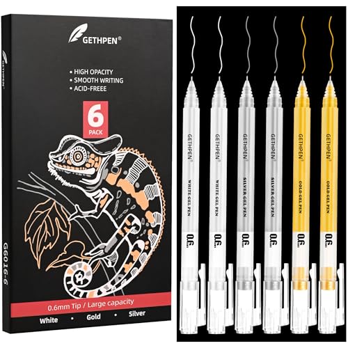 GETHPEN Gold Silver White Gel Pen Set, 0.6mm Extra Fine Opaque Archival Ink | Metallic Gel Ink Pens for Black Paper Drawing, Sketching, Card Making, Illustration, Bullet Journaling, 6 Pack - size: 0.6 mm, style: 6 Pack White, Gold and Silver