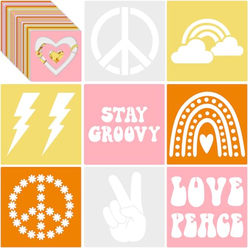 Henoyso 24 Pcs Boho Groovy Peace Stencil for Kids 8 Inch Reusable Templates | Plastic, Drawing Painting Templates, Heart, Rainbow, Love Peace, Yellow, Pink, Wood Paper Scrapbook, Wedding DIY Art Crafts - style: Peace Style