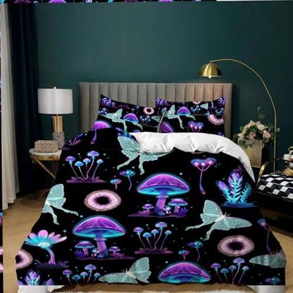 AILONEN Purple Blue Mushroom Duvet Cover Set King Size, Botanical Plant Fungus Moth Butterfly Comforter Cover Set, Soft Black Gradient Quilt Cover 3Pc Set, 1 Duvet Cover + 2 Pillowcases - color: Mushroom105, size: King