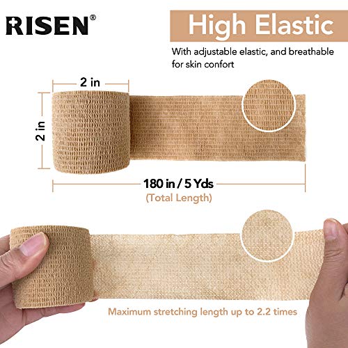RISEN Cohesive Bandage 2” x 5 Yards, 6 Rolls, Self Adherent Wrap Medical Tape, Adhesive Flexible Breathable First Aid Gauze Ideal for Stretch Athletic - color: Tan, size: 6 Count (Pack of 1)
