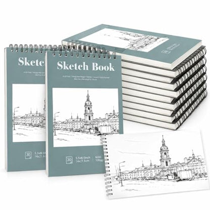 12 Pack Sketch Books 5.5 × 8.5 in, Top Spiral, 30 Sheets, Acid Free | 100gsm Paper, Dry Media Friendly, Acid-Free Paper, Portable Size, Flat-Lay Spiral Design - color: Light Cyan, size: 5.5 × 8.5Inch（12 Pack）
