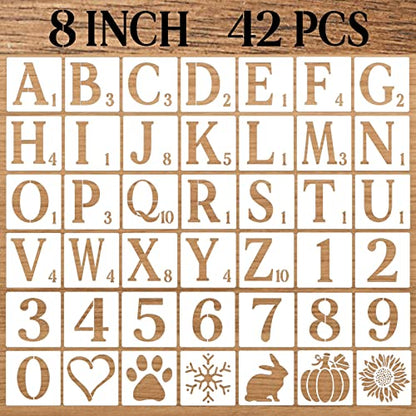 8 Inch Letter Stencils Numbers Craft Stencils, 42 Pcs Reusable Plastic Alphabet Drawing Templates for Painting on Wood, Wall, Fabric, Rock, Chalkboard, Signage, Door Porch, DIY Art Projects - size: 8 Inch