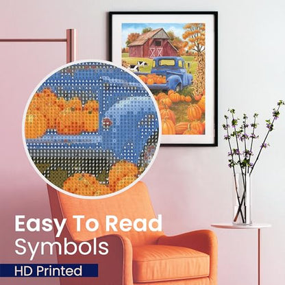 Modern Merch Truck Diamond Art Kits for Adults Fall Pumpkin Patch, Autumn Landscape Farm 5D Diamond Painting for Adults Dog and Truck, DIY Fall Wall Art Cross Stitch Gem Art, Full Round Drill 12x16in - color: Pumpkin Patch