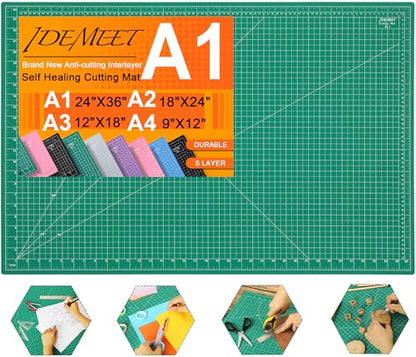 Density-upgraded 24" x 36" Large Self Healing Sewing Mat, Idemeet Rotary Cutting Mat 5-Ply Cut Board for Crafts Hobby Project, Scale Size 24" x 36", A1, Green - color: Green, size: 36"L x 24"W