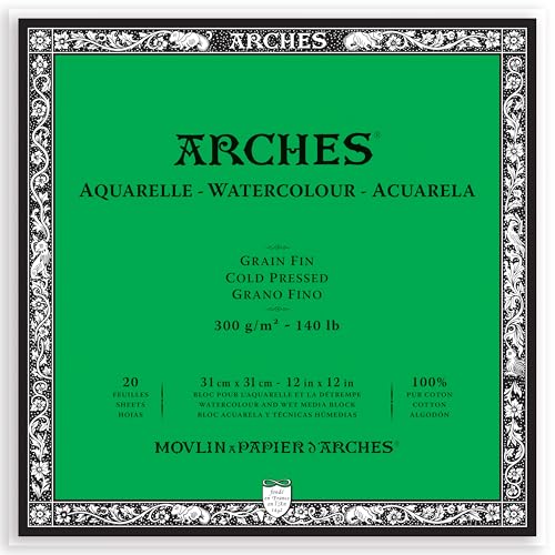 Arches Watercolor Block 12x12-inch Natural White 100% Cotton Paper - 20 Sheets of Watercolor Paper 140 lb Cold Press - Art Paper for Watercolor Gouache Ink Acrylic and More - size: 12"x12", style: Cold Press
