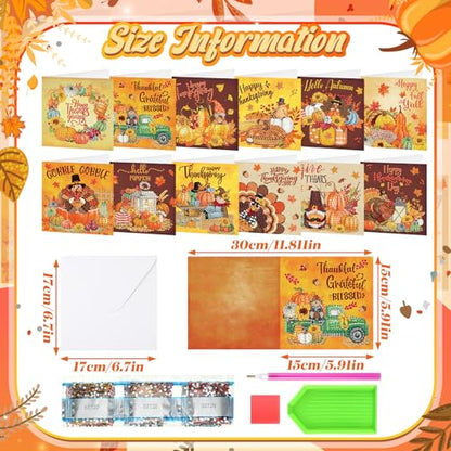 Saillong 12 Pack Fall Diamond Painting Greeting Card Kits DIY Thanksgiving Diamond Art Cards with Envelopes Pumpkin Turkey 5D Rhinestones Paint Card for Adults DIY Crafts Family Friend Birthday Gifts - color: Turkey
