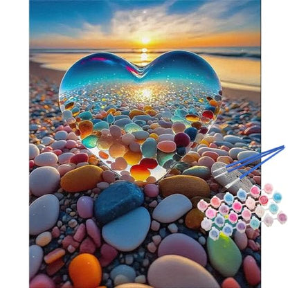 TOCARE Paint by Numbers Kit for Adults Beach Sunset, Acrylic Adult Paint by Number Sunset with Crystal Heart 16x20inch Gift for Valentines'Day - color: Sea Crystal Heart