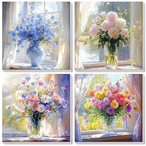 Bowetile 4 Pack Paint by Numbers for Adults Beginners Framed, Flowers Adults' Paint-by-Number Kits, Easy Adult Paint by Number Kits on Canvas, Acrylic Number Painting for Home Decor, 8x8in - color: 8x8in-4-Flowers-02