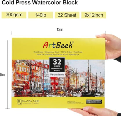 ArtBeek Watercolor Paper Block, Watercolor Block 100% Cotton 140g/300GSM (9X12 Cold Press) - size: Cold Press 9x12