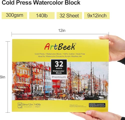 ArtBeek Watercolor Paper Block, Watercolor Block 100% Cotton 140g/300GSM (9X12 Cold Press) - size: Cold Press 9x12