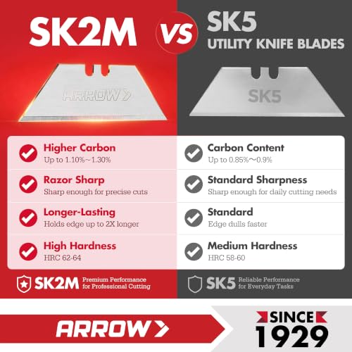 ARROW 100-Pack Utility Knife Blades, SK2 Steel Replacement Blades | Tempered Steel, Blade Dispenser, Sharp Edge, Box Cutting, Crafting, DIY Projects, Compatible Razor Knives