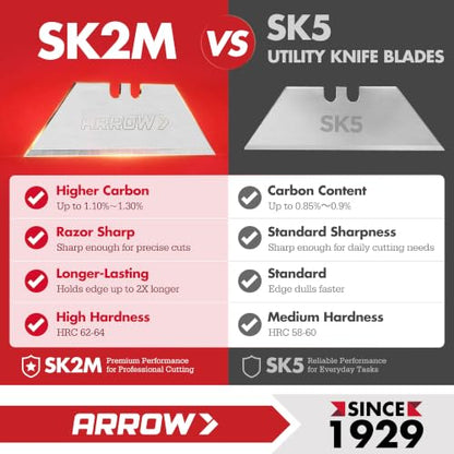 ARROW 100-Pack Utility Knife Blades, SK2 Steel Replacement Blades | Tempered Steel, Blade Dispenser, Sharp Edge, Box Cutting, Crafting, DIY Projects, Compatible Razor Knives
