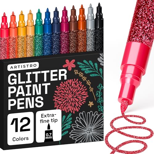 ARTISTRO 12 Glitter Paint Pens for Glass Marking - Extra-Fine Tip | Acrylic Paint Markers for Poster, Rock Painting, Ceramic, Wood, Fabric, Scrapbooking, DIY, Craft, Card Making, Coloring - color: Glitter