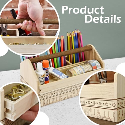 Ikee Design Small Wood Craft Tool Box Caddy with a Handle for Storage - color: Natural with Pattern