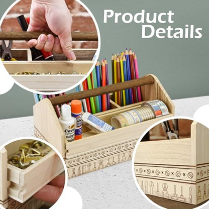 Ikee Design Small Wood Craft Tool Box Caddy with a Handle for Storage - color: Natural with Pattern