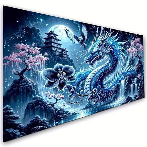 Fantasy Dragon 5D Diamond Painting Kits for Adults,Waterfall Landscape Diamond Mosaic Art,DIY Full Round Diamond Embroidery,Diamond Art Kits for Home Decor,Large size 31.5 x 15.7 inches,DIY Mosaic Art - color: blue dragon