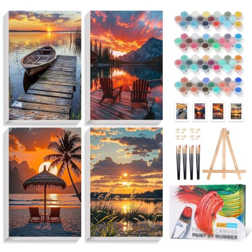 4 Pack Framed Paint by Numbers Kit for Adults with Wooden Easel, Sunset | With Frame, Lake Landscape DIY Acrylic Painting, For Adults Beginner, Stress Relief Craft Kits, Home Wall Decor Gift, 8x12 IN - color: YOP4P05