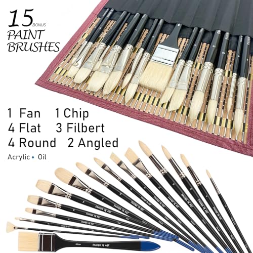 Falling in Art 15 Pcs Professional Oil Paint Brush Set, Natural Hog Bristle - color: Black