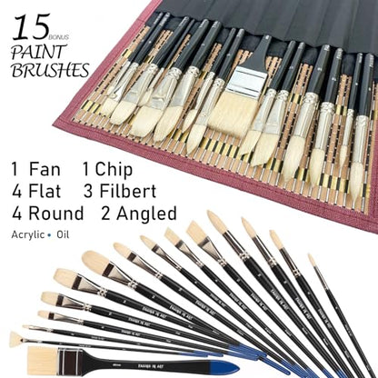 Falling in Art 15 Pcs Professional Oil Paint Brush Set, Natural Hog Bristle - color: Black