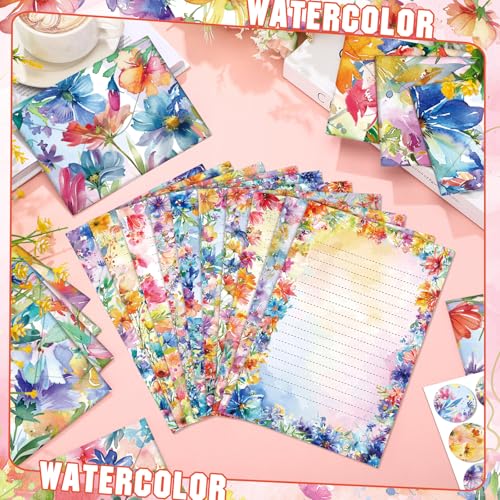 TaoBary 160 Pcs Stationery Paper Set 50 Double Sided Stationery Papers with 50 Matching Envelopes and 60 Round Dot Sticker, 10 Design(Bright Floral,5.5 x 8.25 Inch) - size: 5.5 x 8.25 Inch, style: Bright Floral