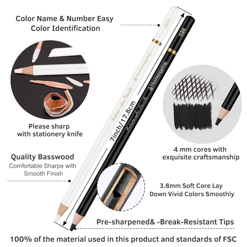 White and Black Color Pencils Drawing Set, 6 pcs White and 6 pcs Black Colored Sketching Pencils for Drawing, Sketching, Shading, Blending for Beginners & Artists