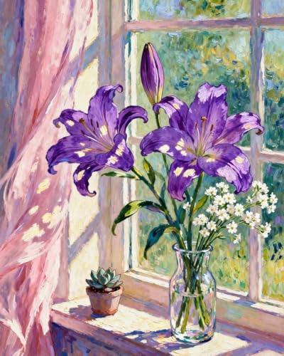 ZRIZQ Paint by Numbers Kit for Adults Beginner,Purple Flowers,16x20 | Full set with wooden brushes,rolled canvas,rich paints.Calming activity.Beginner friendly.Just open and paint. - color: 16"X20"Rolled Canvas-Purple Flowers