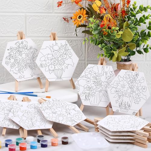 Watersay 12 Set Kids Pre Drawn Canvas for Painting Kit 12 Pcs 6" x 6" Floral Printed Pre Drawn Canvas, Easels, Palette, Paint Pot, 24 Brushes Kid Paint Party Favor for DIY Classroom Craft Activities - style: Floral