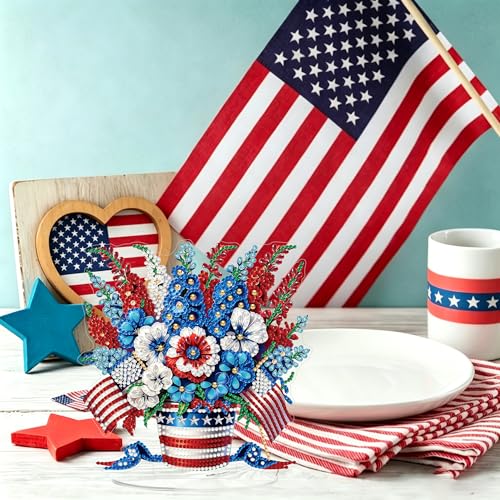 ARPADAMO Tabletop Ornament Diamond Art Kit for Adult USA Flag Flower Basket | 5D DIY Special Shaped Crystal Patriotic Double Sided 4th of July Diamond Painting Art Kit,Placement Ornament Gift Home Garden - color: DP03971