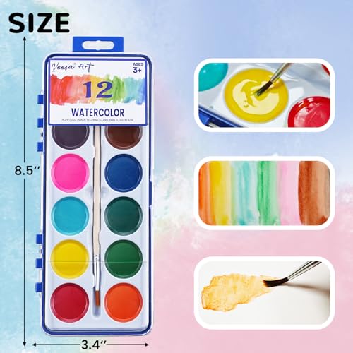 VEESA 12-Colors Watercolor Paint Set for Kids, 12 Pack，Washable | Non-Toxic, Wood Brushes Included, for Classroom, Party Favors, Birthday Gifts - color: 12 Colors (Pack of 12), size: 12 Pack