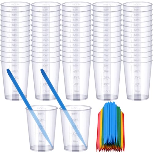 Resin Mixing Cups and Sticks, 110 Packs Epoxy Measuring Cups Kit - 60PCS 100ml Disposable Graduated Cups, 50PCS Pointed Stir Sticks for Mixing Paint, Stain, Epoxy, Resin - color: Clear cups+point stick, size: 50ml