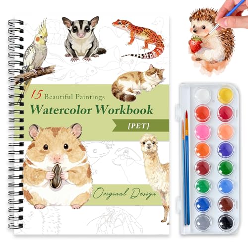 Watercolor Workbooks for Adults Beginners & Teens, 16 Colors 15 Beautiful Paintings, Pre-Outlined Designs, Easy Watercolor Art Book（Pet） - color: Pet, size: with palette