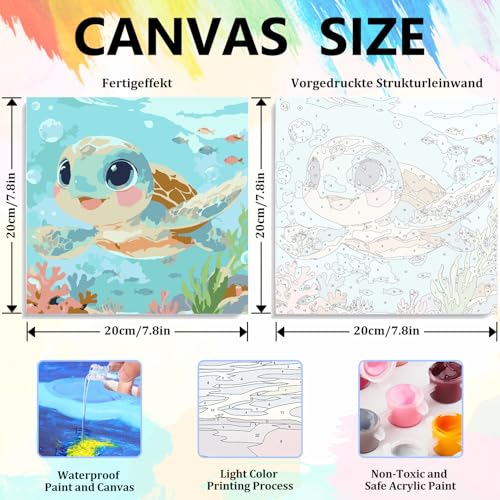 Sea Turtle Paint by Numbers Kit for Kids with Frame Wooden Easel 8x8 inch - color: style-2