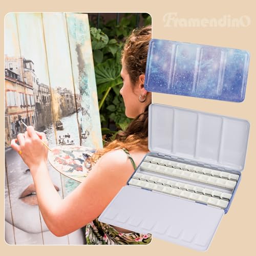 Framendino, Galaxy Metal Watercolor Palette with Fold Out Large Tray with 52 Empty Half Pans for Paint - color: Galaxy