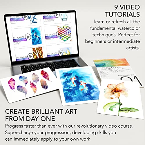 CHROMATEK Watercolor Tutorial Set, 7 Part Video Course, 84 Piece All-In-One Kit, Adults, Beginner & Professional Artists, 48 Watercolor Paint Tubes, 25 Page Workbook, 8 Brushes, Aquapen, Palette, Tape