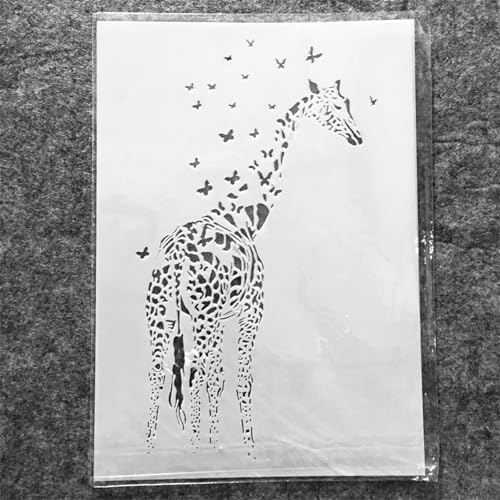 TIAMECH A4 Reusable Giraffe Stencil for Painting | Butterflies Layering Template, DIY Wall Art, Wood Furniture, Scrapbook & Crafts (8.3x11.7inch) - style: Giraffe Butterflies