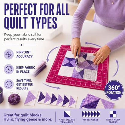 The Quilted Bear 12" x 12" Rotating Self-Healing Cutting Mat, Pink | Square Mat, 360° Rotation, Locking Mechanism, 5-Layer Surface, Non-Slip Base, Clear Inch Grid & Angle Guides for Quilting - color: Pink, size: 12"L x 12"W