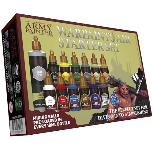 The Army Painter, Warpaints Air Starter Set, 12 x 18 ml | Acrylic Airbrush Paints, incl. 1 Metallic & 1 Grey 100ml Primer - Air brush Paint Kit for models and miniature painting - color: Air Starter Set