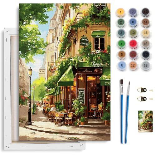Spandrel Street Cafe Framed Paint by Numbers Kit for Adult, Adult Paint by Number Kits on Canvas, DIY Acrylic Oil Street View Painting by Numbers for Home Wall Decor, 8x12in - color: Street Cafe