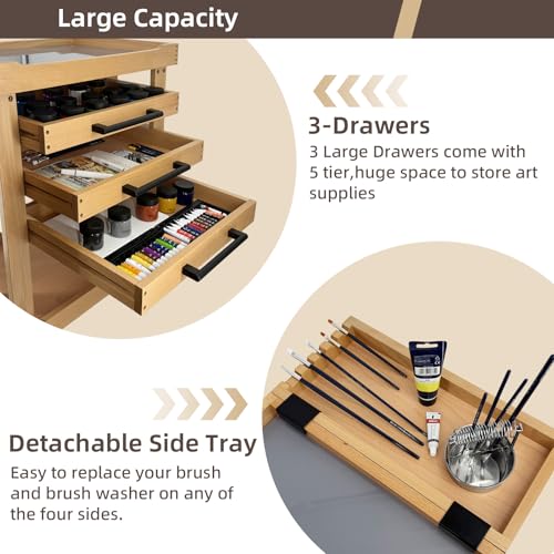 Art Supplies Storage 5-Tier Cart, Beech Wood Rolling Cart | Solid Beech wood, 3 Drawers with 4 Caster Wheels, Craft Cart , for Studio, Classroom, Artists