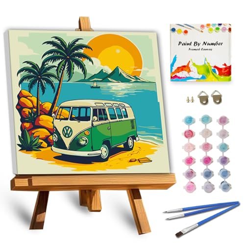 TOCARE Framed Paint by Numbers Kit for Adults Beginner & Kids Ages 8-12,Palm Tree Bus Paint by Number Framed,Simple Oil Paint by Number Kits on Canvas Framed Bus(10x10 Inch, Without Easel) - color: TC-F-103