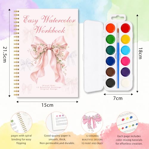 Floral Bow Watercolor Book, Easy Painting Workbook with Palette and Brush | 12 Pink Rose Bow Designs for Relaxing Painting, Beginner Friendly Water Coloring Set For Creative Practice Floral Art Lovers - color: PinkBow