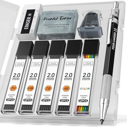 Four Candies 2MM Mechanical Pencil Set with Case, Metal, 60 Lead Refills - size: 9 Piece Set