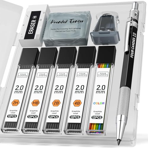 Four Candies 2MM Mechanical Pencil Set with Case, Metal, 60 Lead Refills - size: 9 Piece Set